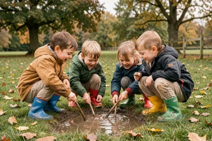 Groupe d'enfants de 3 à 5 ans explorant une flaque de boue dans un parc verdoyant en Île-de-France lors d'une sortie en pleine journée