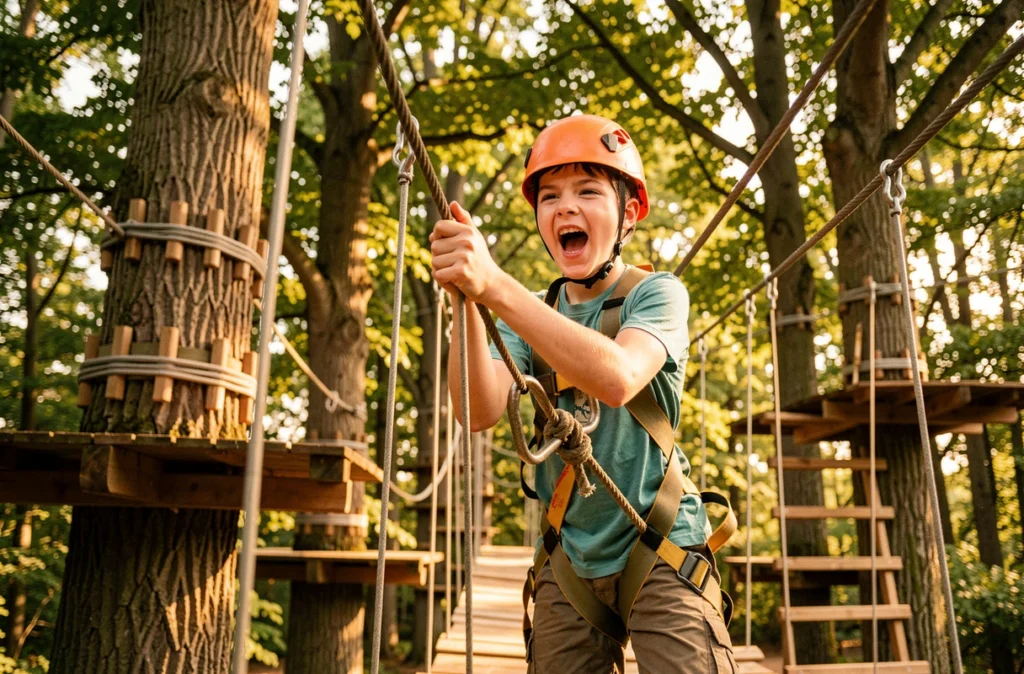 Adolescent traversant un pont de corde suspendu entre les arbres au parc aventure Acrogivry à Givry