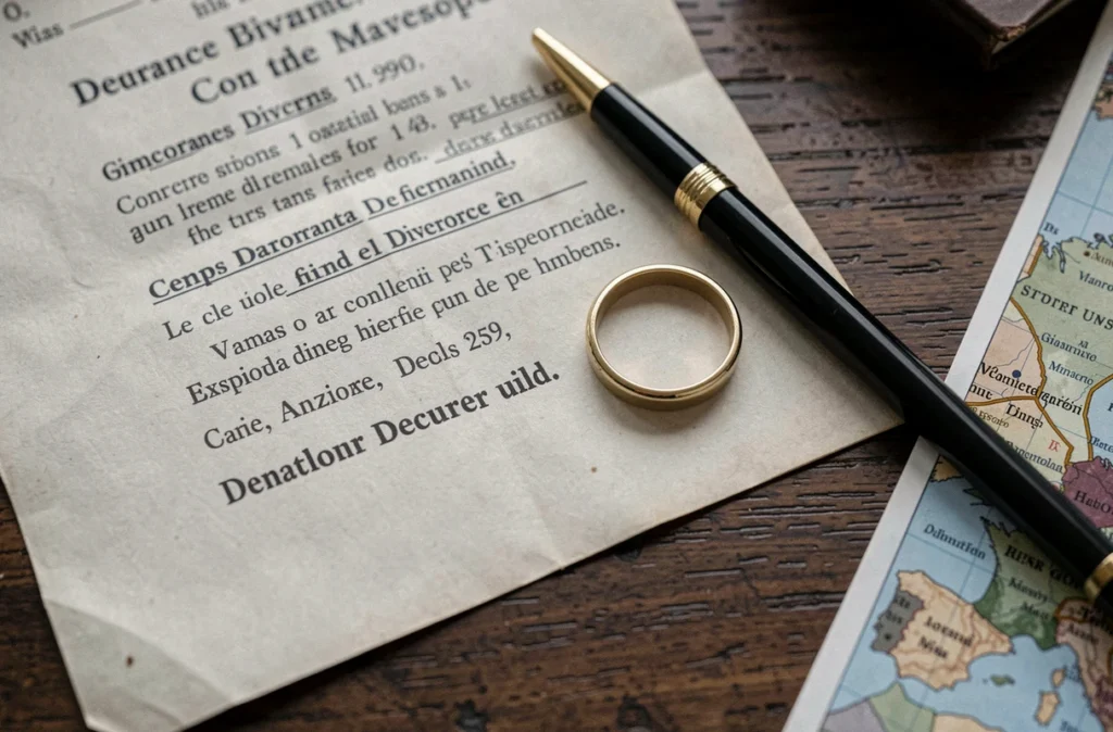 Plan rapproché d'un acte de divorce français avec une alliance posée sur un bureau en bois, illustrant le taux de divorce en France et en Europe