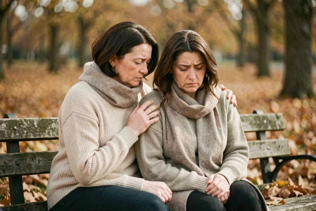Deux amies assises sur un banc en automne, l'une réconfortant l'autre avec une main posée sur l'épaule, expression de soutien et de tristesse partagée
