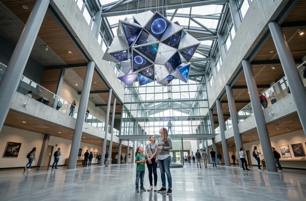 Une famille découvre les expositions interactives des Champs Libres à Rennes