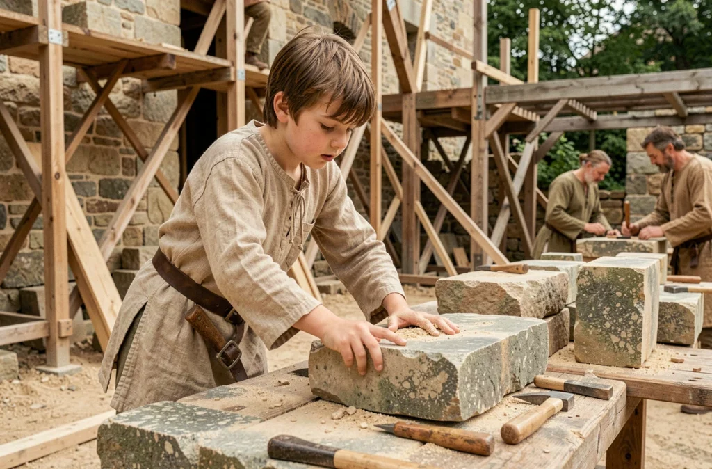 Jeune garçon en tenue médiévale participant à la taille de pierre sur le chantier de Guédelon à Treigny