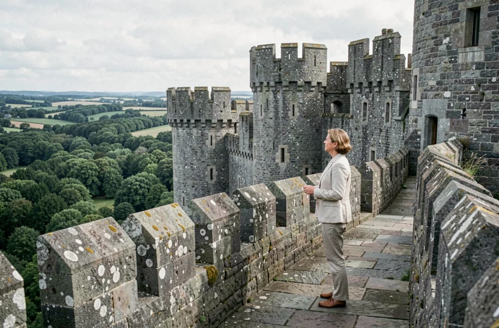 Une femme admire la vue depuis les remparts médiévaux du Château de Fougères