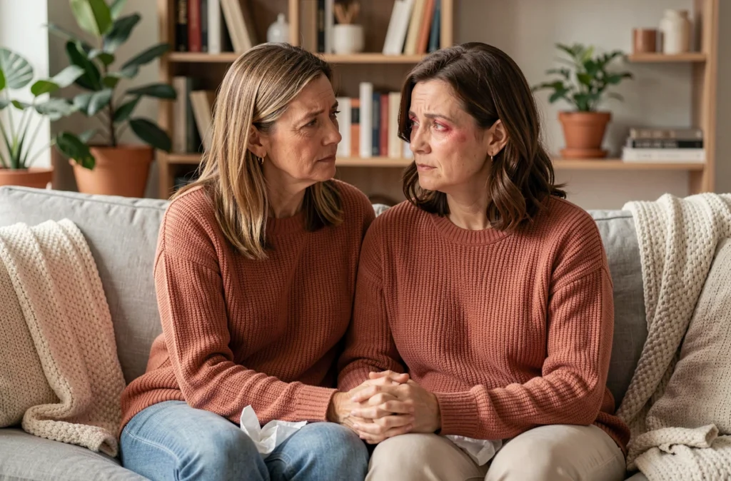 Deux amies dans un salon chaleureux, l'une tenant les mains de l'autre pour lui offrir du réconfort après un deuil, moment de soutien émotionnel sincère