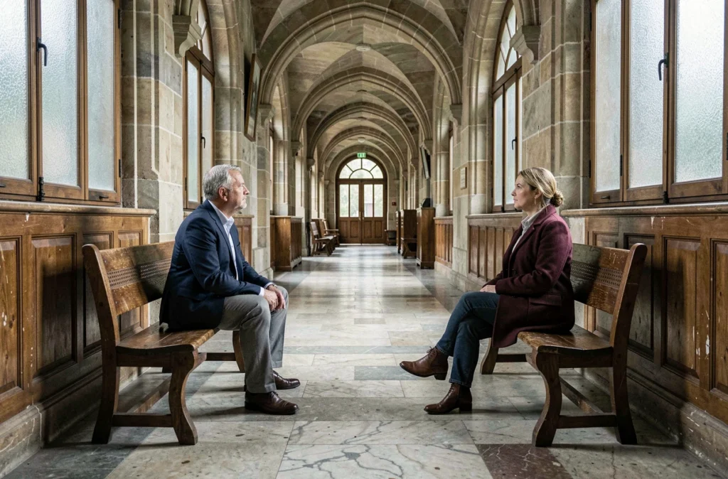 Couple assis séparément dans un couloir de tribunal européen, symbolisant la procédure de divorce et les statistiques comparatives en Europe