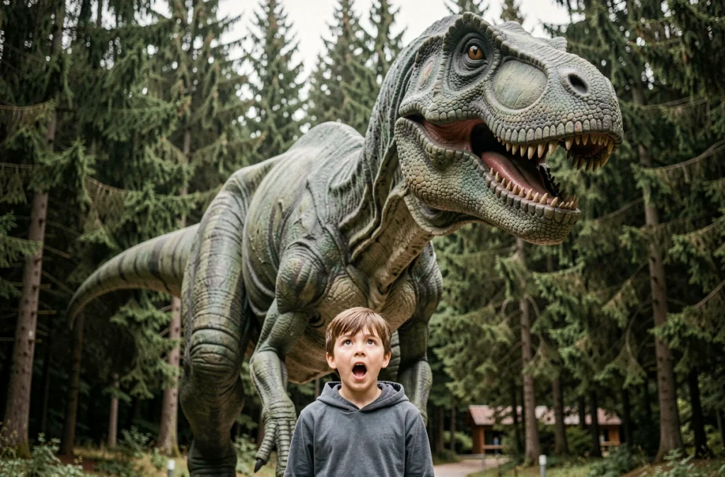 Enfant admirant une réplique grandeur nature de dinosaure au parc paléontologique Dino-Zoo à Charbonnières-les-Sapins