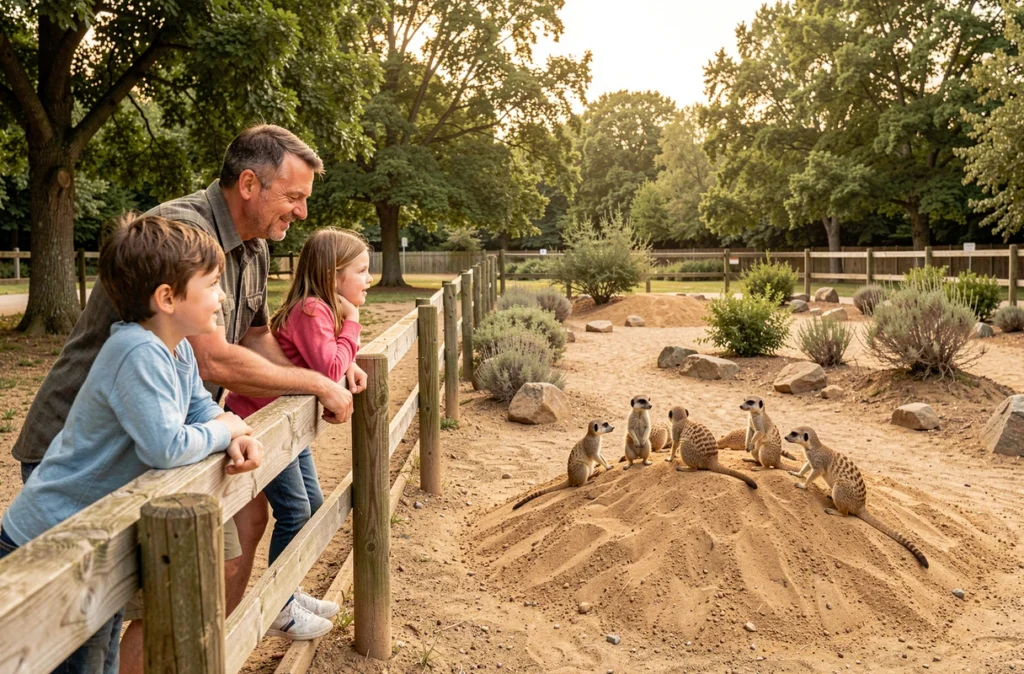 Une famille observe les animaux du Domaine de la Bourbansais lors d'une visite guidée