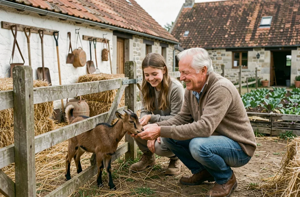 Un grand-père et sa petite-fille nourrissent les animaux de l'Écomusée de la Bintinais