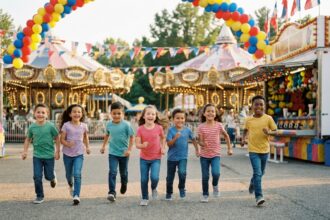 Groupe d'enfants courant et riant dans un parc de loisirs lors d'un anniversaire festif