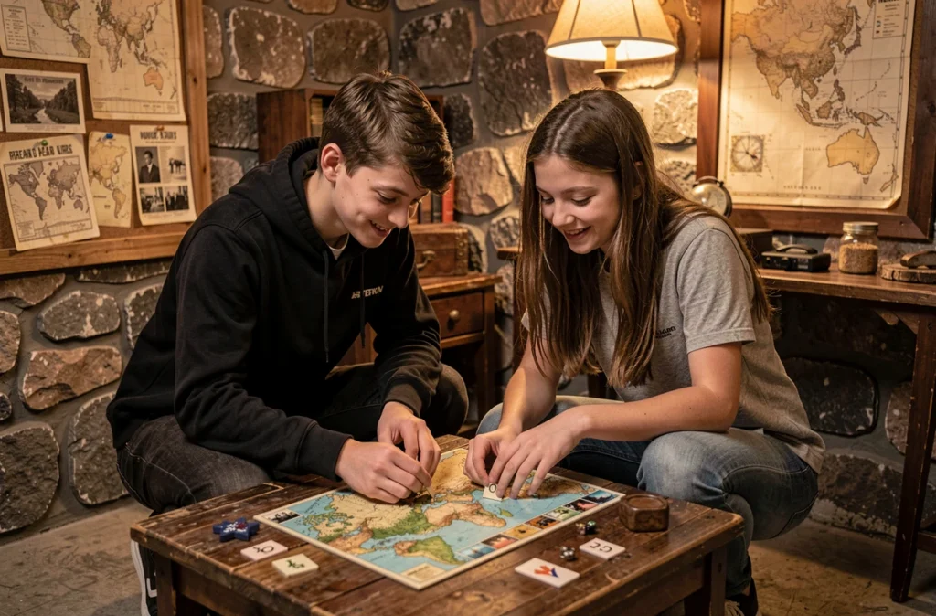 Deux adolescents résolvent une énigme dans les salles ludiques de l'Enigmaparc