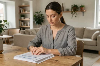 Femme seule face à des documents de divorce dans un appartement européen moderne, illustrant les statistiques de divorce en France
