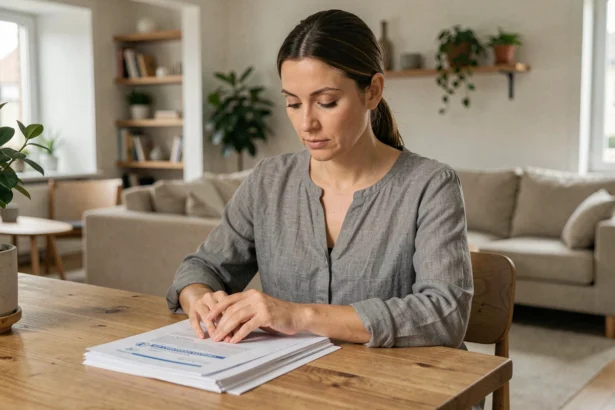 Femme seule face à des documents de divorce dans un appartement européen moderne, illustrant les statistiques de divorce en France