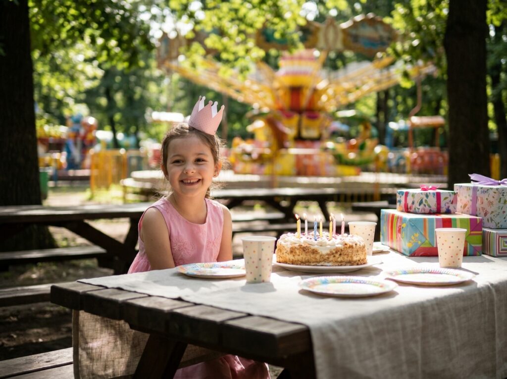 Petite fille fêtant son anniversaire devant un gâteau dans un parc d'attractions en plein air