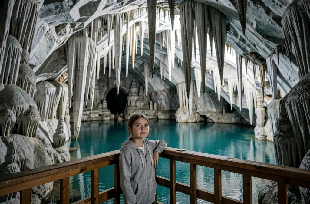 Fillette contemplant les stalactites et le lac souterrain dans les grottes de Baume-les-Messieurs