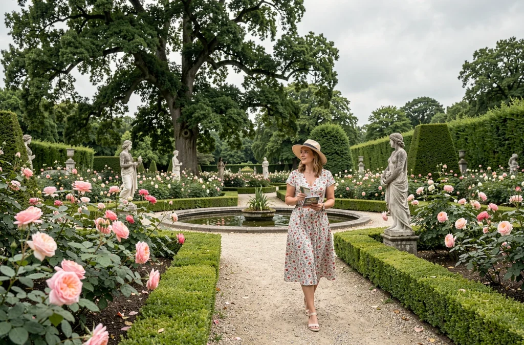 Une femme se promène dans les allées fleuries des Jardins de Brocéliande