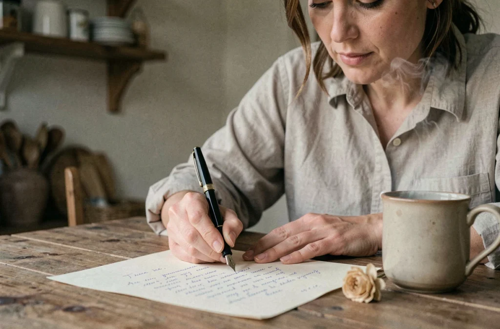 Femme écrivant une lettre de condoléances à la main à une table en bois, avec une plume et une tasse de thé, atmosphère intime et sincère