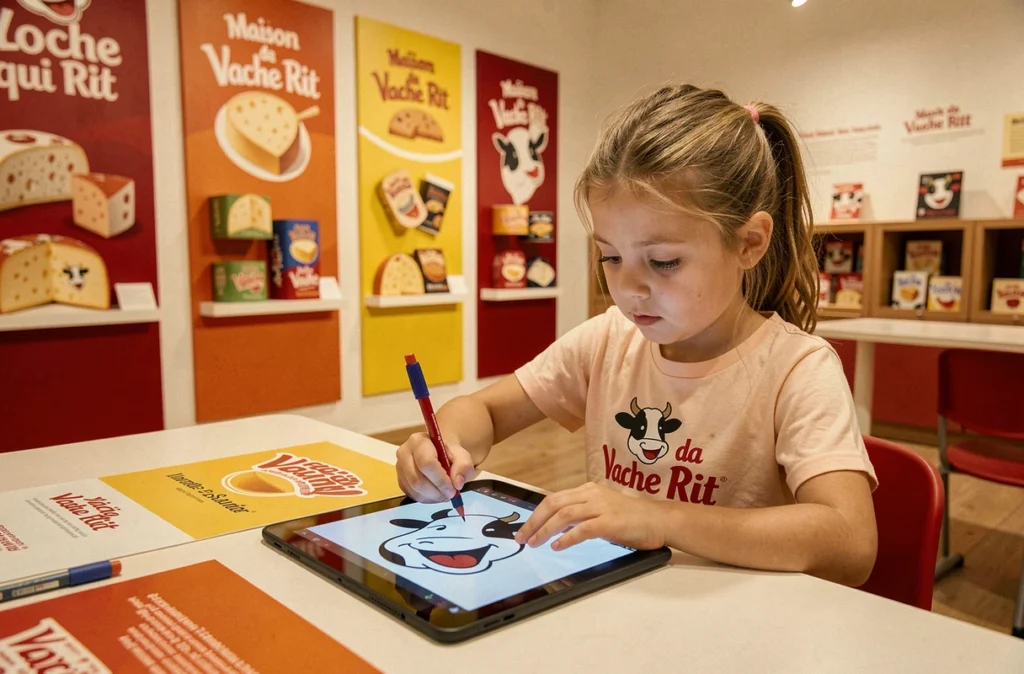 Fillette créant sa propre version du logo de la Vache qui rit sur une tablette interactive au musée de Lons-le-Saunier