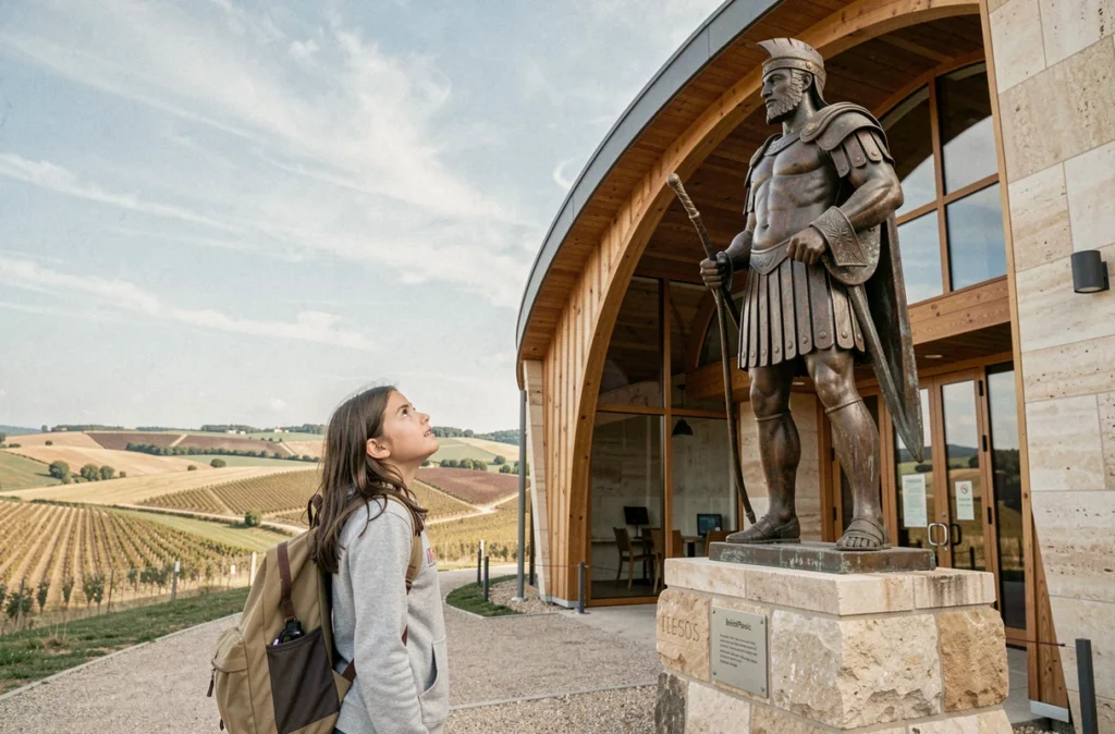 Adolescente devant une statue de légionnaire romain à l'entrée du MuséoParc Alésia à Alise-Sainte-Reine
