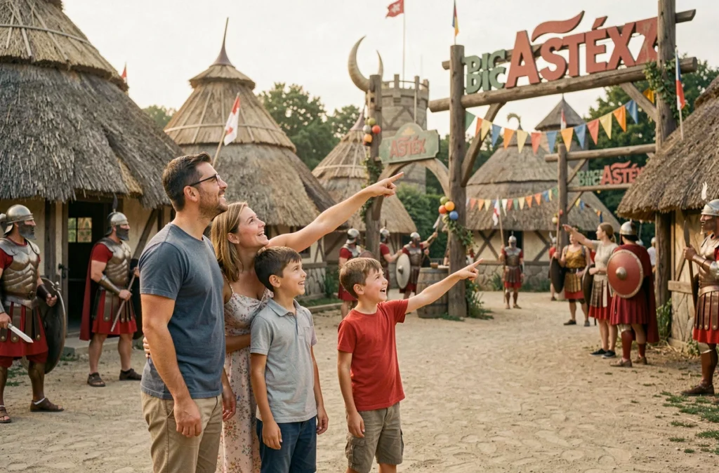 Une famille devant les décors du village gaulois du Parc Astérix dans les Hauts-de-France