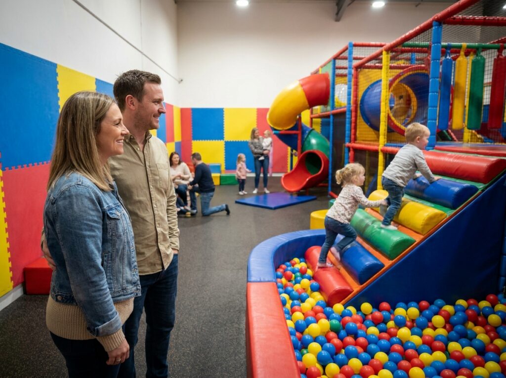 Parents souriant en observant leurs enfants jouer dans un espace de jeux intérieur lors d'un anniversaire