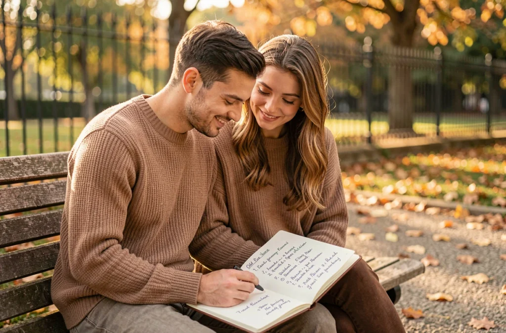 Couple de jeunes parents assis dans un parc français feuilletant un carnet de prénoms anciens français, symbolisant la tendance des prénoms oubliés qui reviennent en 2026