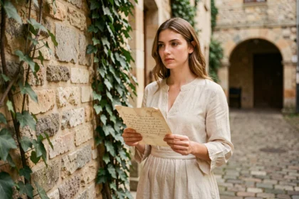 Jeune femme en robe de lin crème tenant une lettre manuscrite ancienne dans une cour de village français en pierre, évoquant les prénoms anciens français et le retour des prénoms oubliés