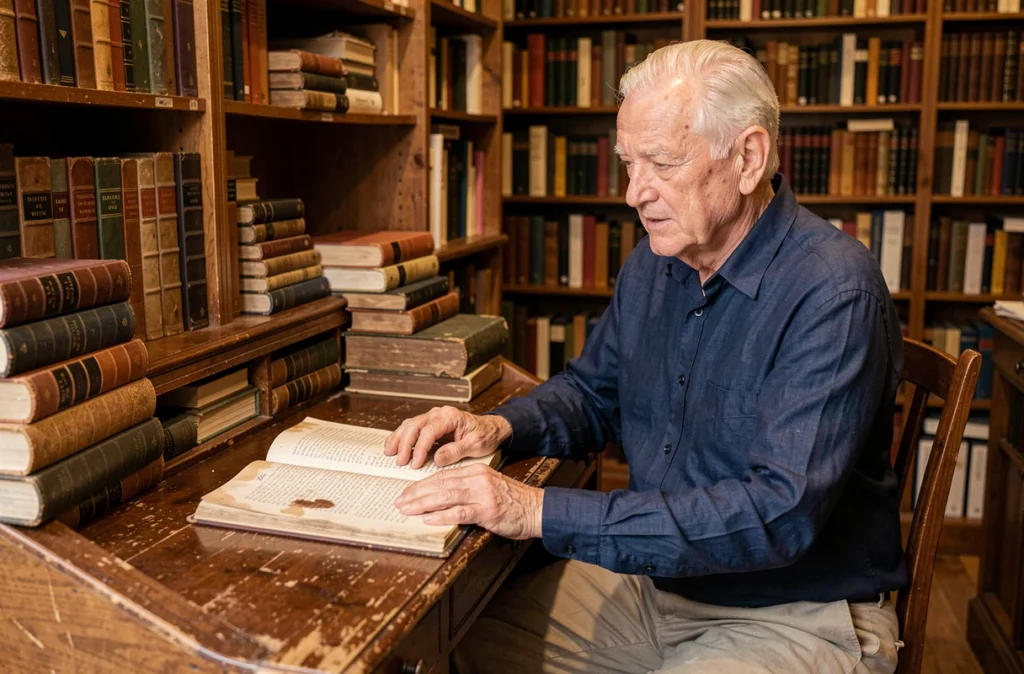 Homme âgé feuilletant un registre de prénoms anciens dans une librairie vintage française aux étagères remplies de livres en cuir, illustration du retour des prénoms rétro en 2026
