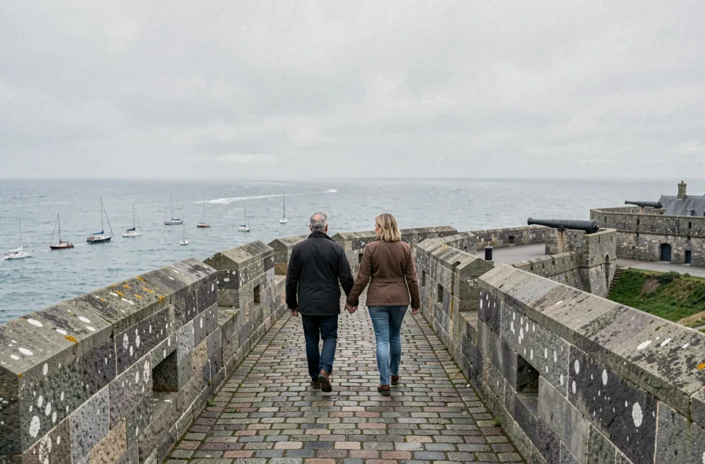 Un couple se promène sur les remparts historiques de Saint-Malo face à l'océan