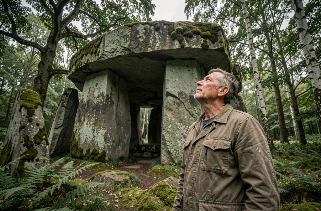 Un homme contemple le monument mégalithique préhistorique de la Roche aux Fées en forêt