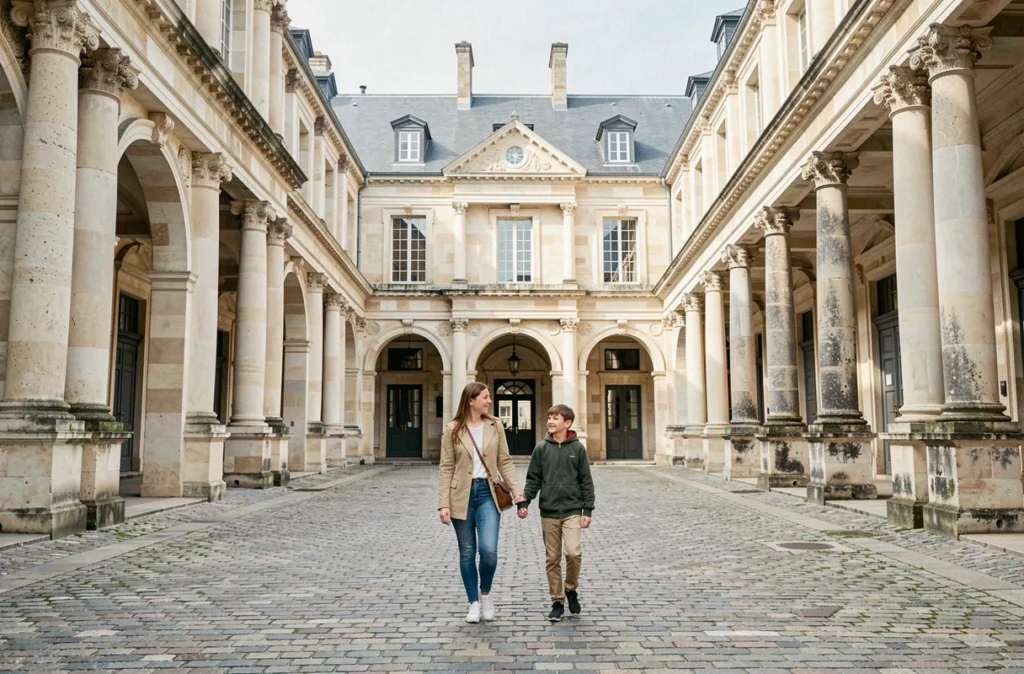 Mère et fille se promenant dans la cour de la Saline royale d'Arc-et-Senans avec ses bâtiments néoclassiques en pierre
