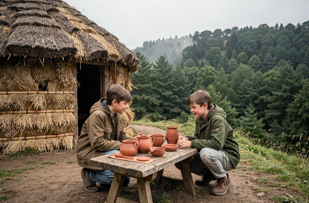 Deux enfants découvrant des artéfacts gaulois devant une reconstitution de maison celtique à Bibracte sur le Mont Beuvray