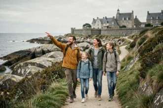 Une famille heureuse explore les paysages côtiers de l'Ille-et-Vilaine lors d'une sortie en plein air