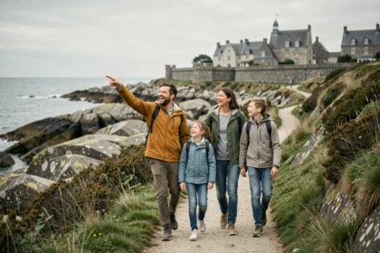 Une famille heureuse explore les paysages côtiers de l'Ille-et-Vilaine lors d'une sortie en plein air