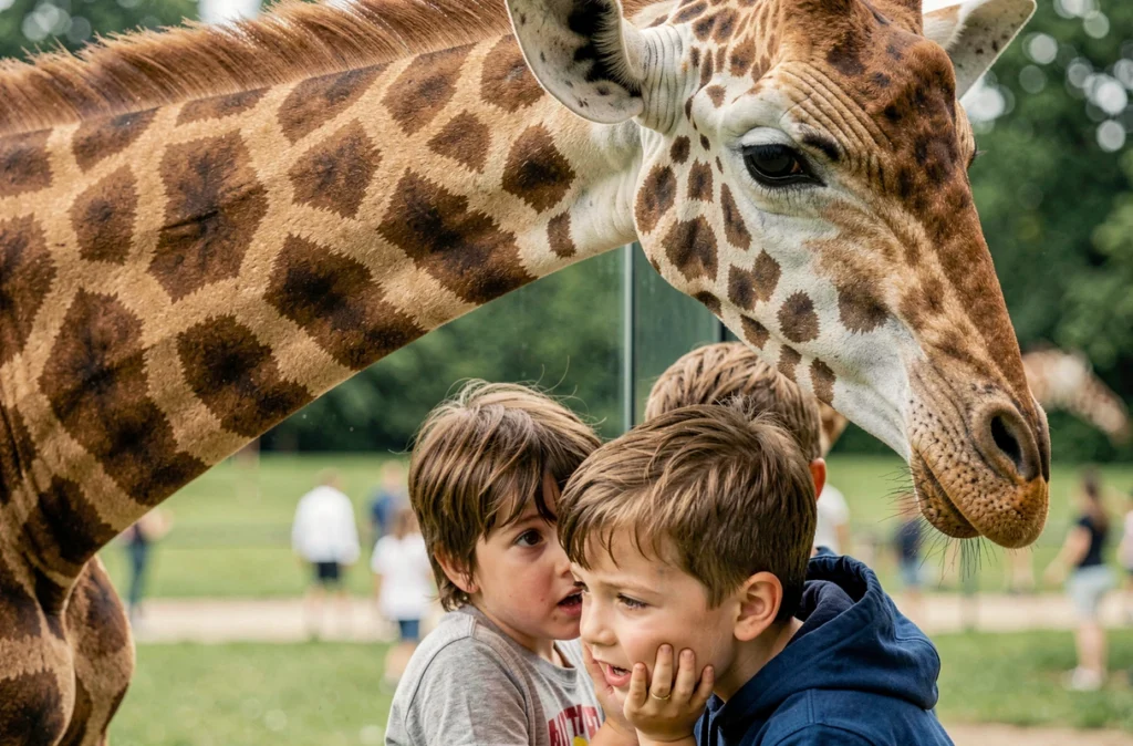 Deux enfants regardant une girafe de près au Touroparc Zoo de Romanèche-Thorins