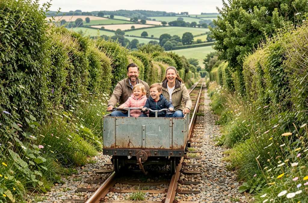 Une famille pédale sur les voies de la gare vélo-rail de Médréac en pleine campagne bretonne