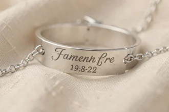 Bracelet en argent gravé avec prénom et date pour marraine, posé sur un tissu lin crème en gros plan