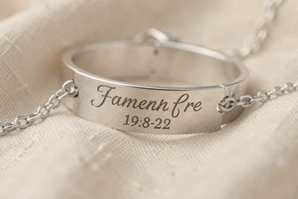 Bracelet en argent gravé avec prénom et date pour marraine, posé sur un tissu lin crème en gros plan