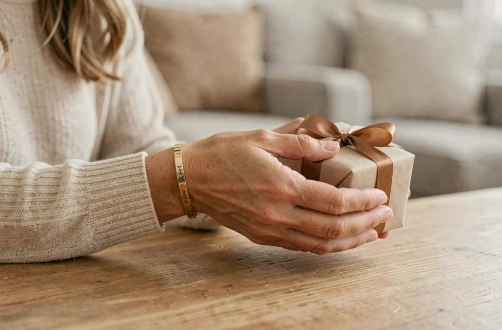 Femme portant un bracelet gravé prénom et date au poignet tenant un cadeau emballé pour sa marraine